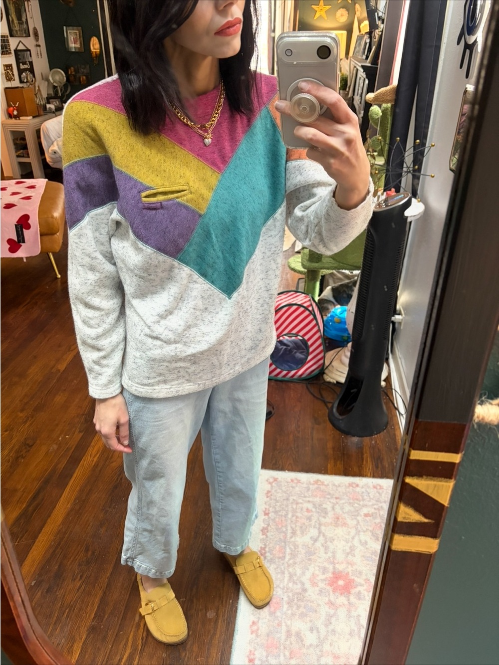 Vintage 1980s Colorblock Chevron Pullover Sweater in Cream, Teal, Mustard,,Coral - Picture 2 of 12